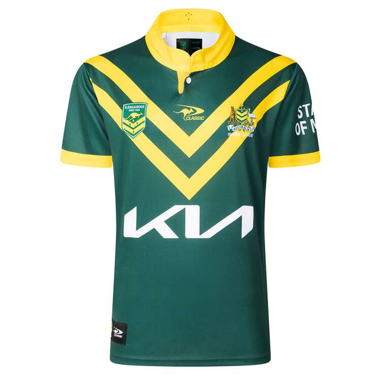 A jersey representing the 2025 Australian Kangaroos rugby team, featuring a green and yellow colour scheme with geometric patterns and the team logo.