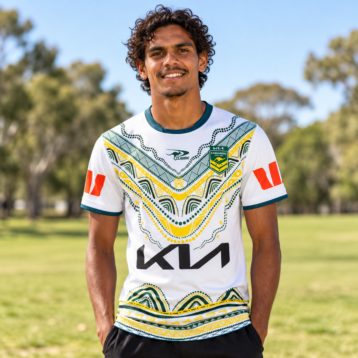 Man wearing the 2026 RLWC Australian Kangaroos Indigenous Jersey