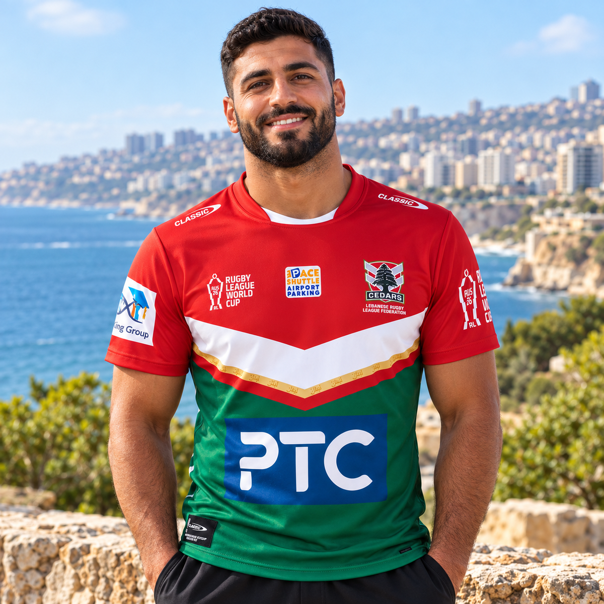 Lifestyle photo of the 2026 RLWC Lebanon Cedars Home Jersey