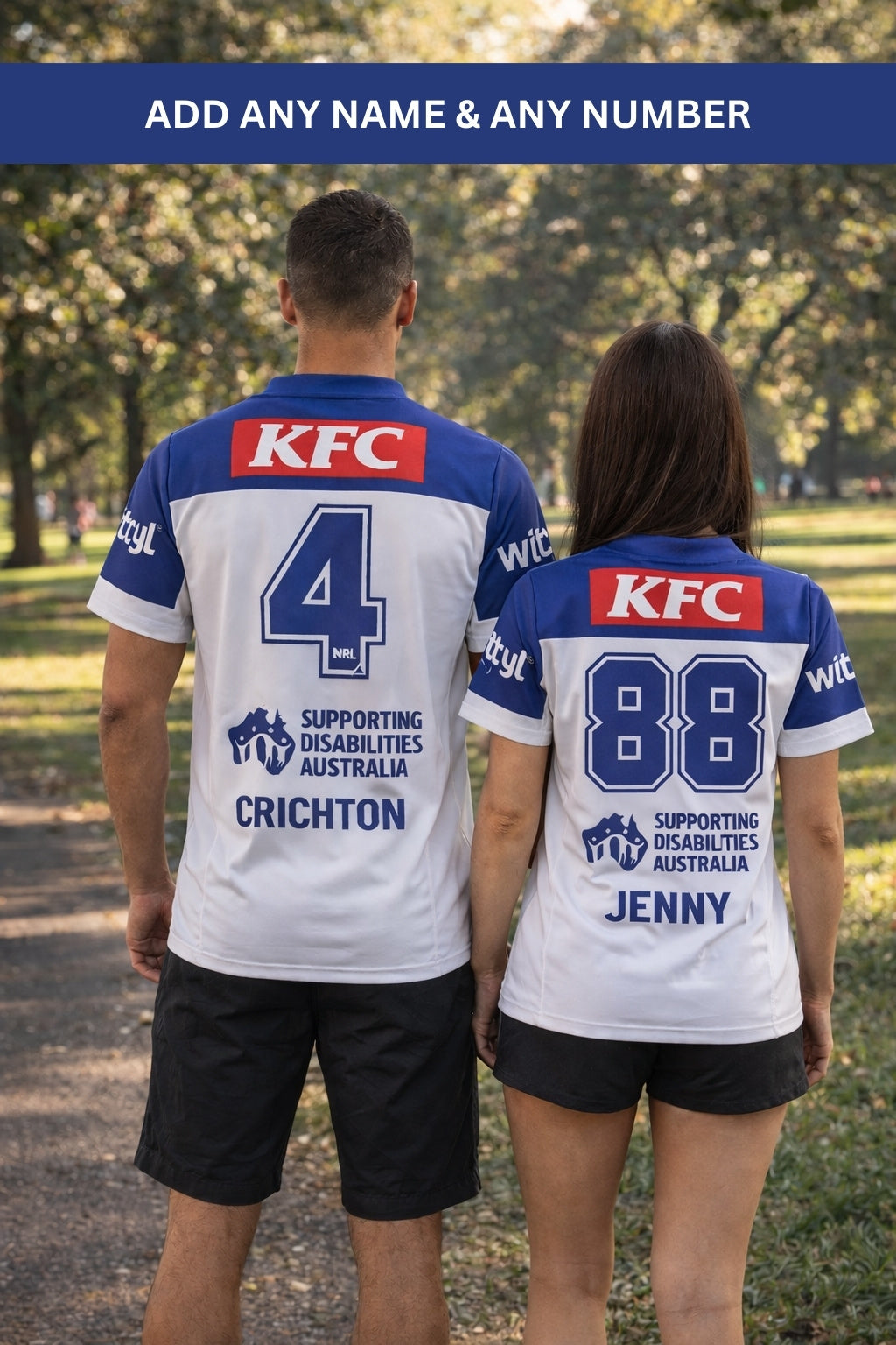 Bulldogs 2026 NRL jersey with custom name and number printing at Peter Wynn’s Score