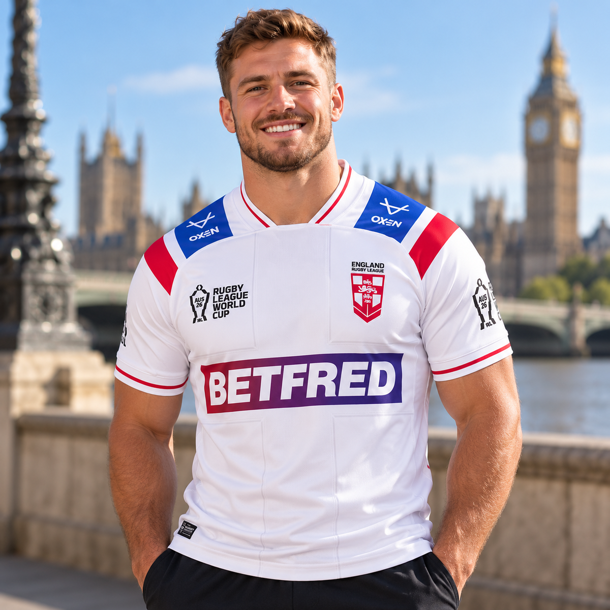 A man wearing the 2026 RLWC England Home Jersey