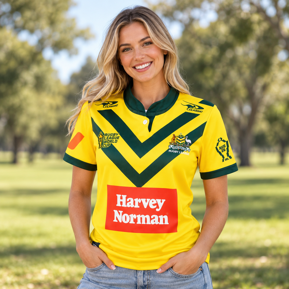 A woman wearing the 2026 RLWC Jillaroos Home Jersey - Ladies