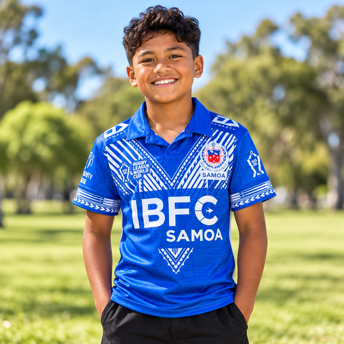 A kid wearing the 2026 RLWC Toa Samoa Home Jersey