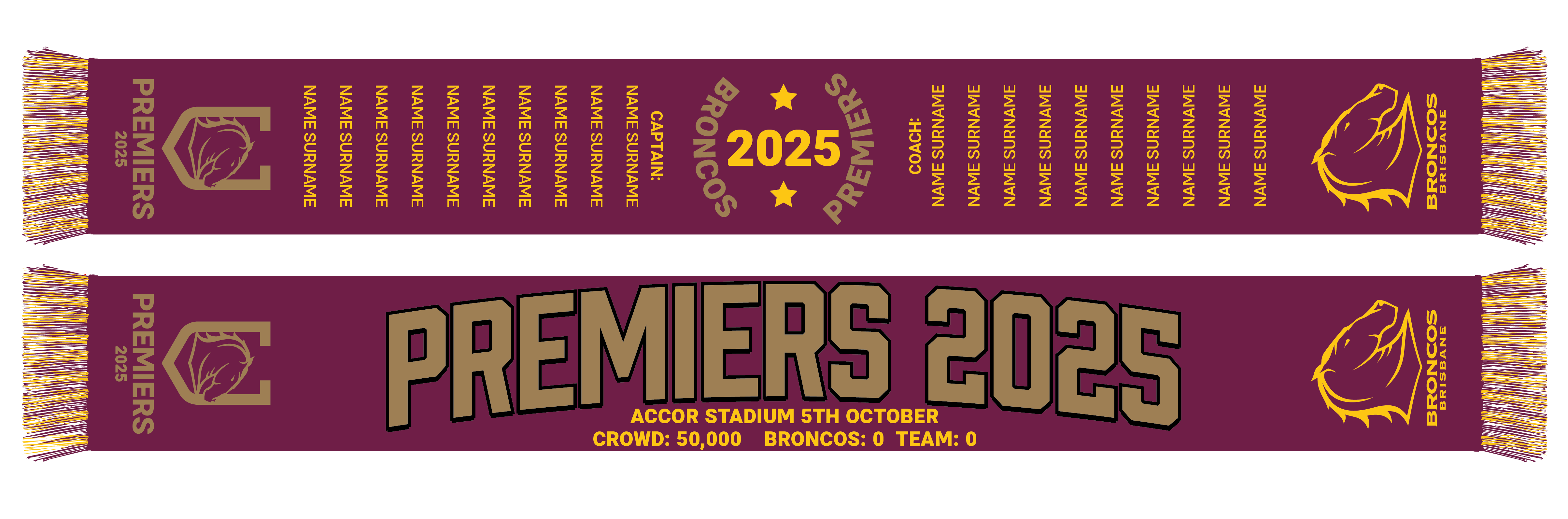 PRE ORDER - 2025 Brisbane Broncos Premiers Scarf